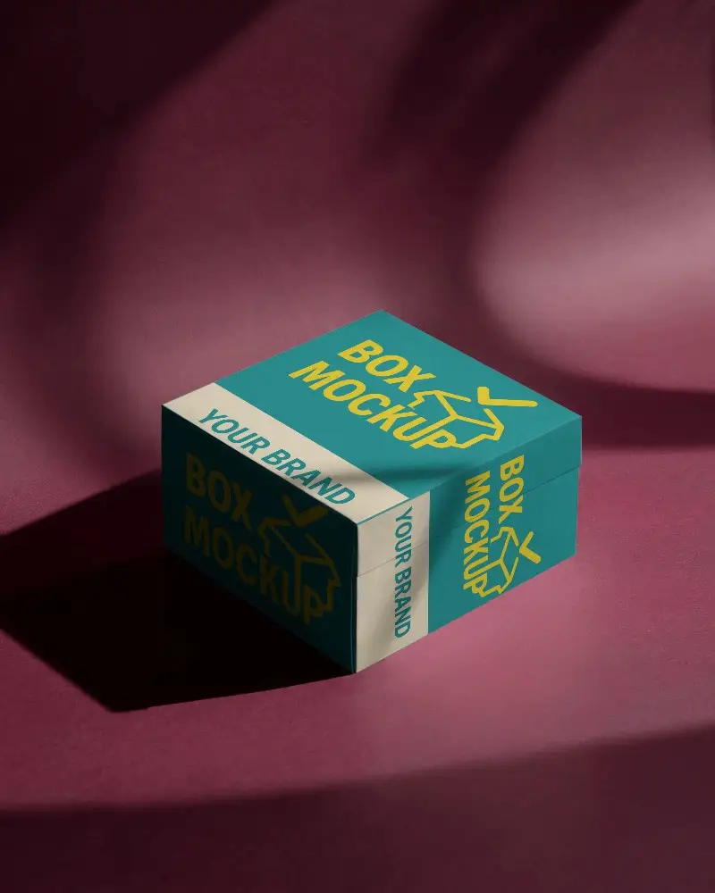 Minimal Elegant Square Box Mockup On Maroon Background With Dramatic Shadows And Clean Branding Space