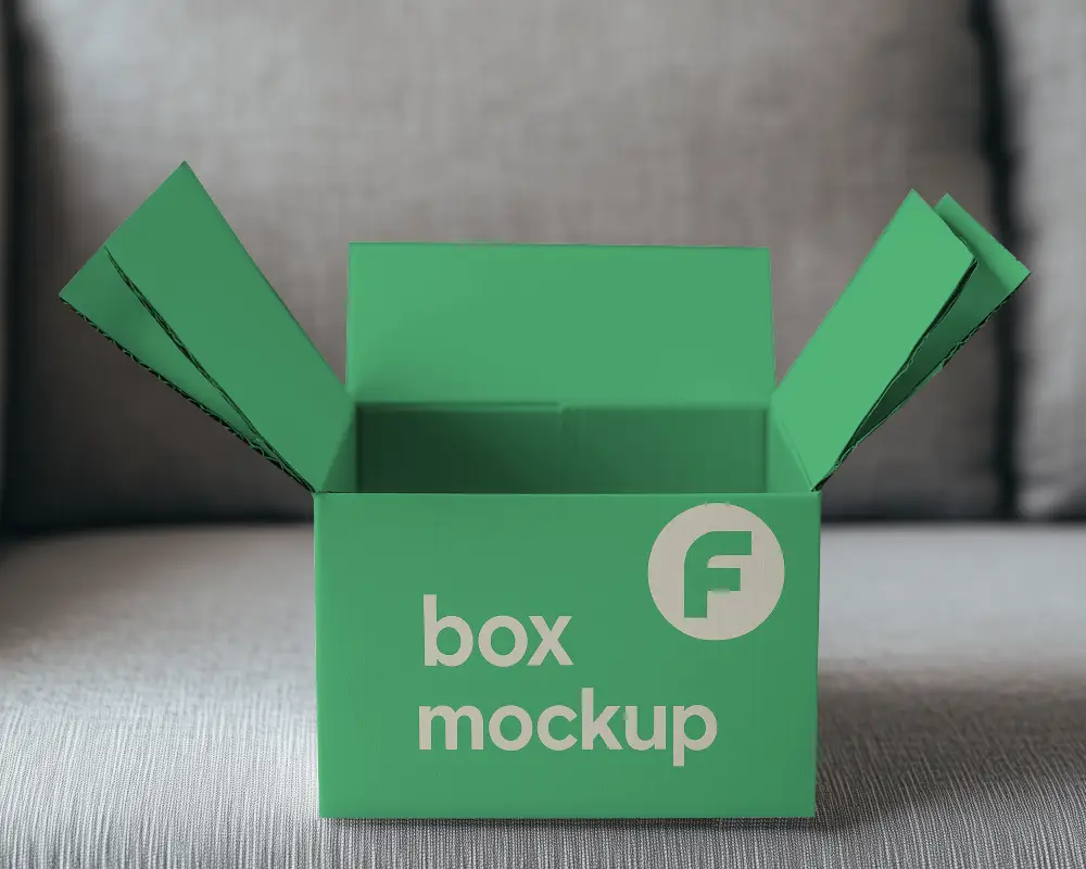 Cozy Interior Open Box Mockup Packaging On Soft Fabric Couch Neutral Tones Minimalist And Elegant Presentation 0180