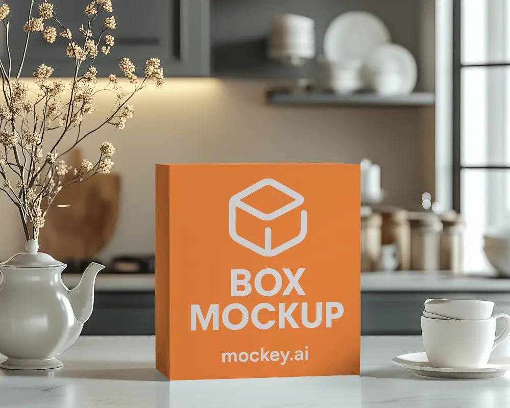 Cozy Kitchen Sweet Box Mockup Minimalist Design On White Box With Teapot Cups And Rustic Decor In Soft Natural Light 0127