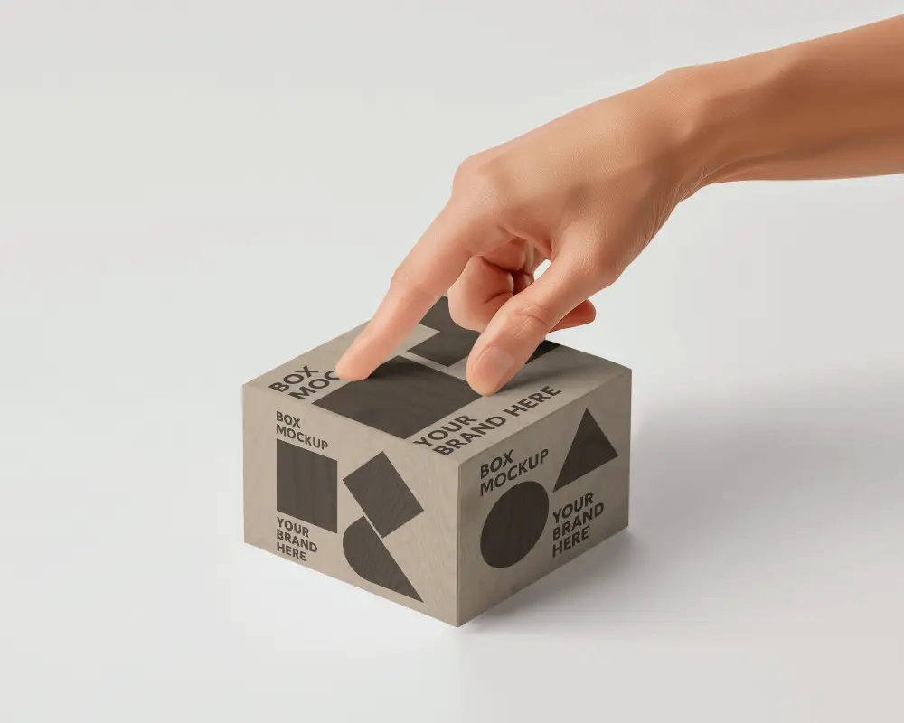 Cubical Cardboard Box Mockup With Finger Pointing On Top Of It