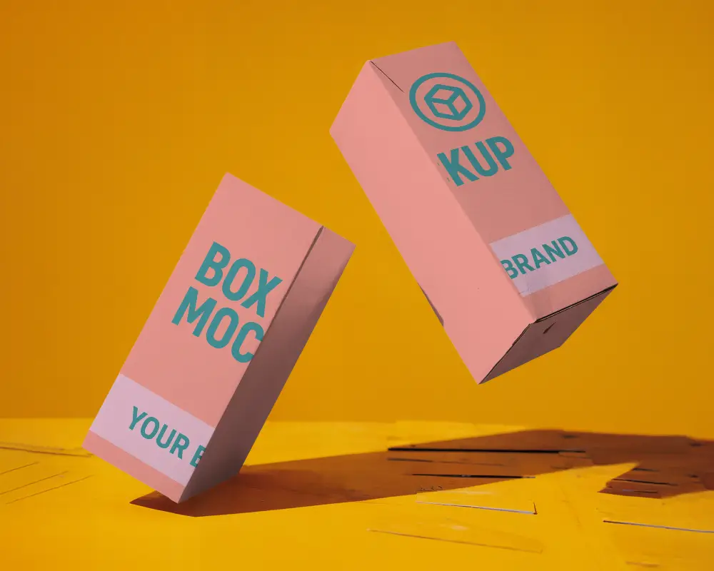 Dynamic Floating Box Mockup Two Rectangular White Boxes Suspended In Midair Against Bold Orange Background With Sharp Lighting And Shadows 0126