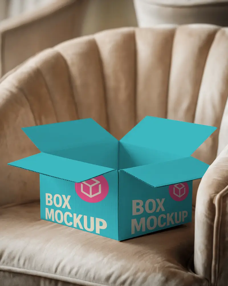 Elegant Open Cardboard Box Mockup On Plush Velvet Chair With Soft Neutral Tones 0168