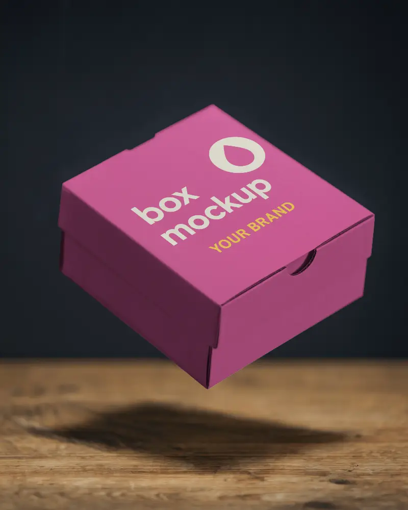 Floating Box Mockup Levitating White Packaging Box With Customizable Design Over Wooden Surface Against Dark Moody Background 079