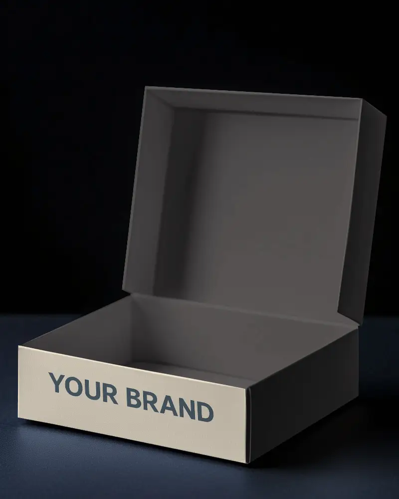 Luxury Open Box Mockup On Dark Textured Surface With Subtle Lighting And Premium Feel
