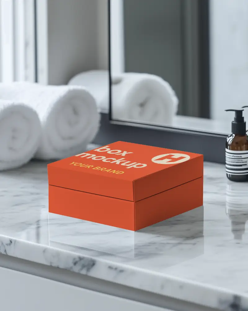 Modern Bathroom White Box Mockup Marble Countertop Folded Towels Clean And Luxurious Aesthetic 073