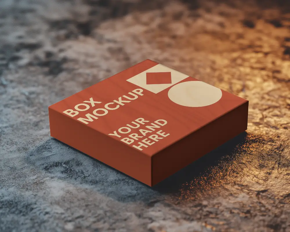 Moody Industrial Box Mockup On Textured Metallic Surface With Warm And Cool Lighting Contrasts 0150