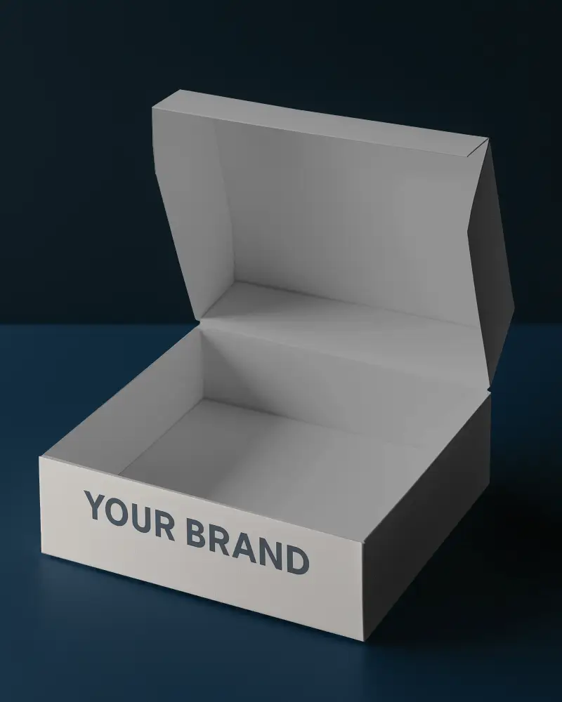 Open Box Mockup On Dark Blue Surface With Soft Lighting Premium Packaging Showcase 0158