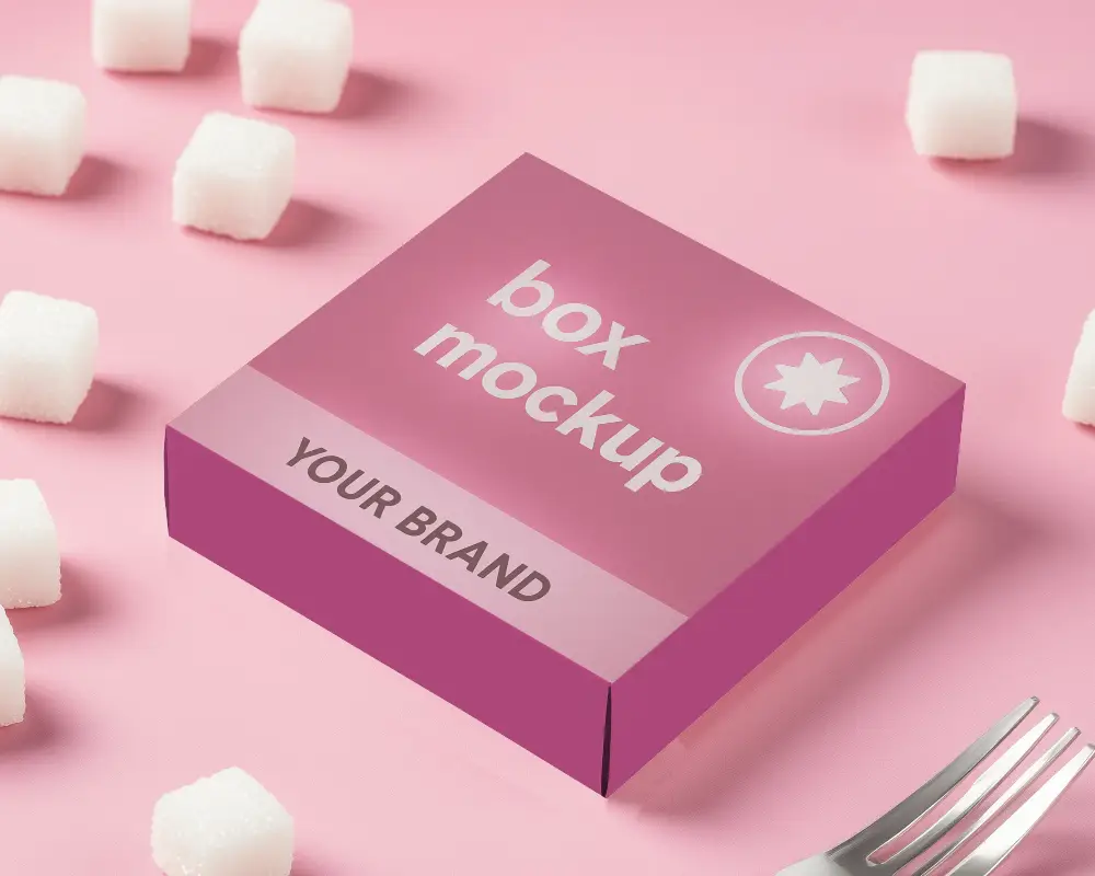 Pastel Sweet Themed Box Mockup White Packaging On Soft Pink Background Surrounded By Sugar Cubes And A Fork Elegant And Minimalistic Dessert Aesthetic 0151