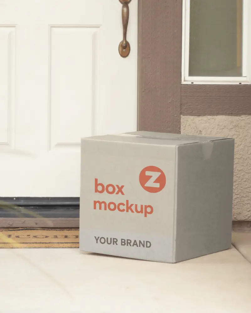 Plain Cardboard Box Mockup Lying Outsied Room In Front Of Door