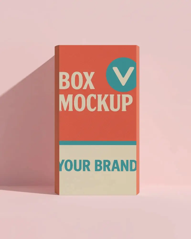 Vertical Tall Product Box Mockup Against Soft Pink Background With Long Shadow And Front Facing Branding