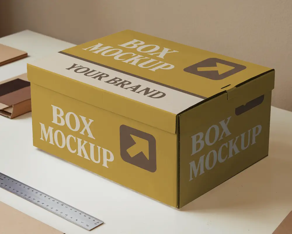 Professional Storage Box Mockup On Minimalist Desk With Office Supplies In Background 0170