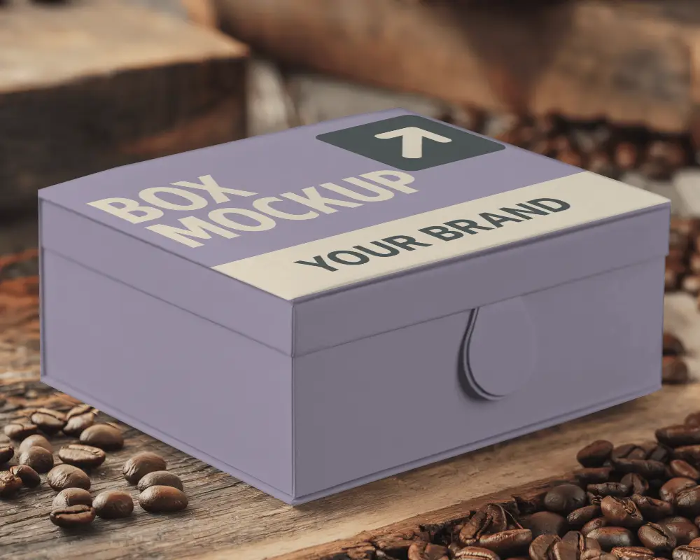 Rustic Coffee Themed Box Mockup On Wooden Surface With Scattered Coffee Beans Warm And Cozy Packaging Design 0149