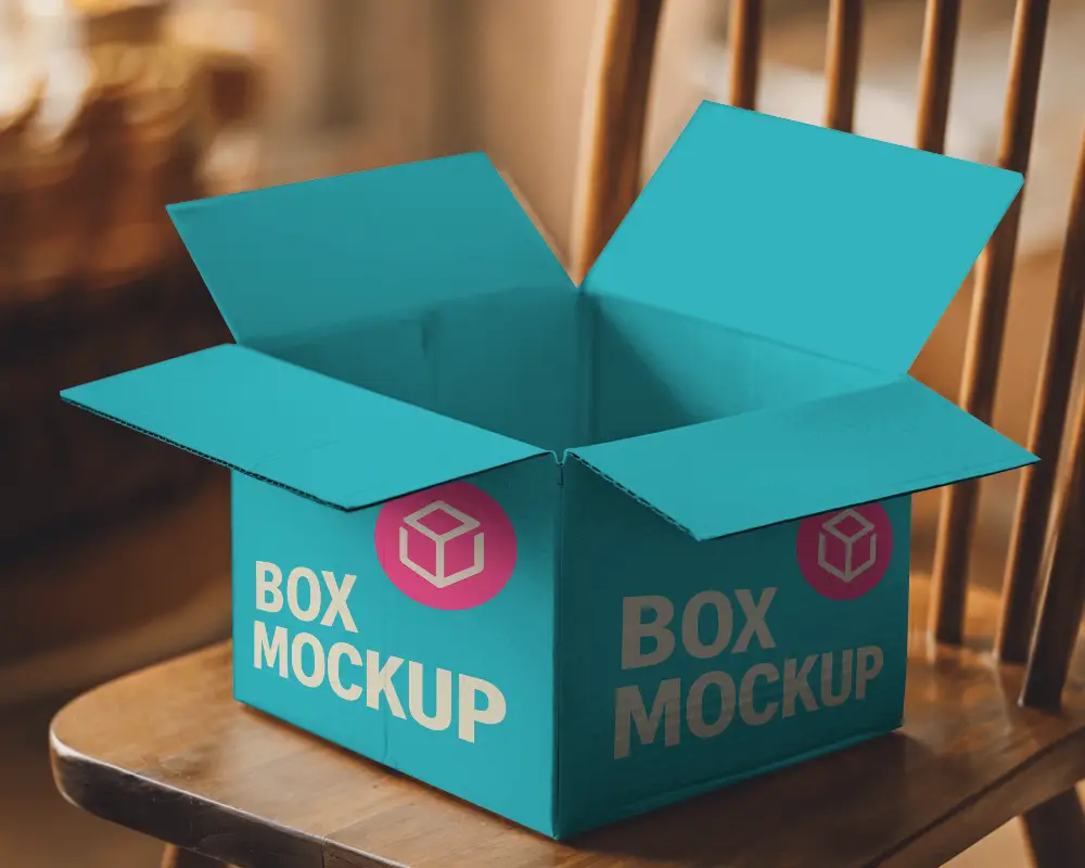 Rustic Wooden Chair Open Box Mockup Cozy Warm Tones Natural Lighting Inviting And Homely Ambience 0181