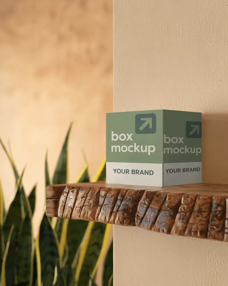 Rustic Wooden Shelf Box Mockup White Cardboard Box On Textured Shelf With Green Snake Plants And Earthy Tones 0122
