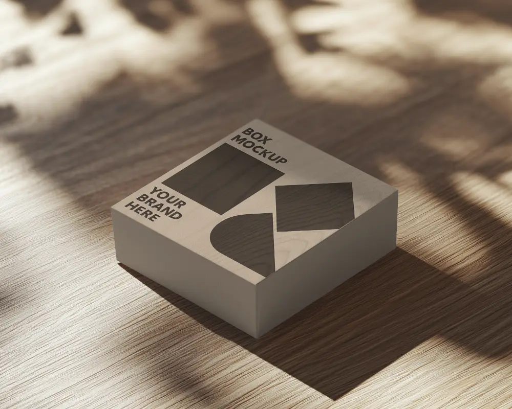 Sunlit Cardboard Box Mockup On Wooden Surface With Dappled Lighting Cozy And Natural Packaging Presentation 0147