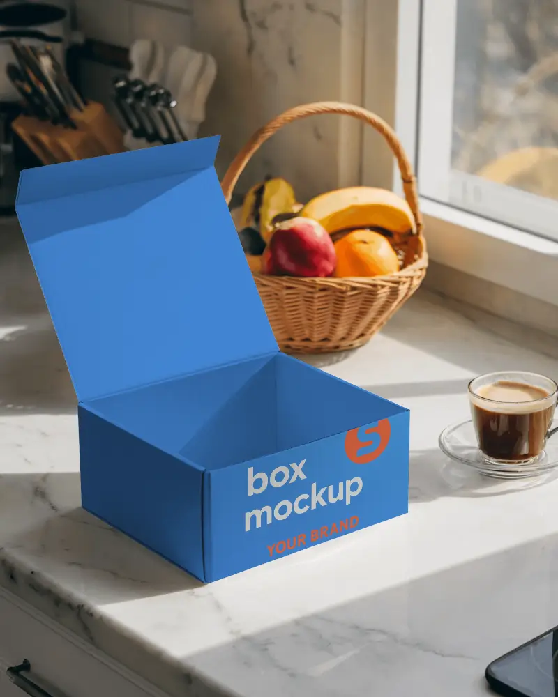 Sunlit Kitchen Mailer Box Mockup Open White Box With Customizable Design On Marble Countertop Near Window With Fruit Basket And Espresso 078
