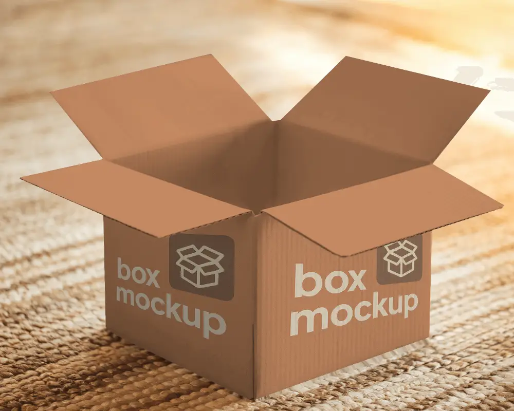 Sunlit Open Cardboard Box Mockup On Woven Rug With Warm Cozy Ambience 0167