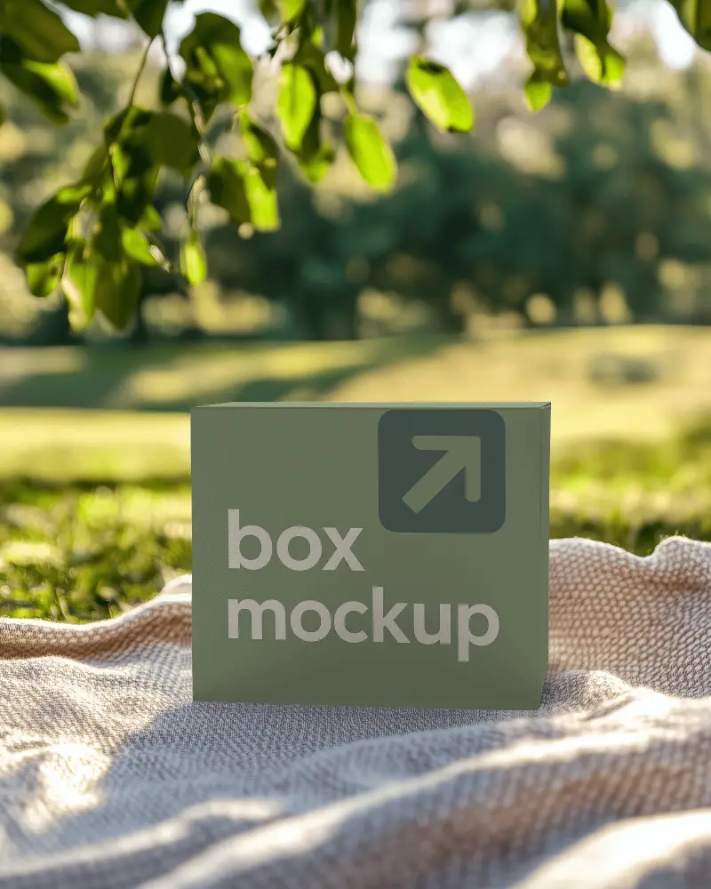 Sunlit Outdoor Packaging Box Mockup On Cozy Blanket Under Tree Serene And Natural Ambience 0134