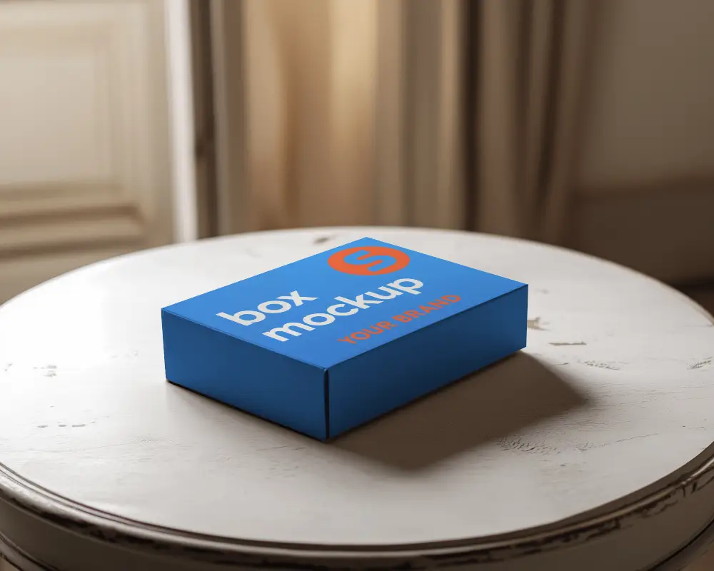 Sunlit Premium Box Mockup On Rustic Round Table With Warm Interior Lighting And Vintage Ambience 0163