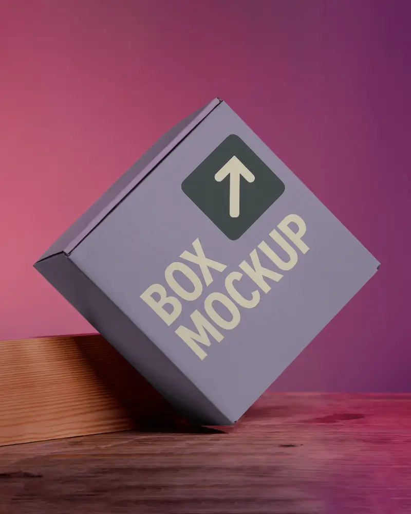 Tilted Box Mockup Vibrant Gradient Background Wooden Surface Modern And Dynamic Display 074