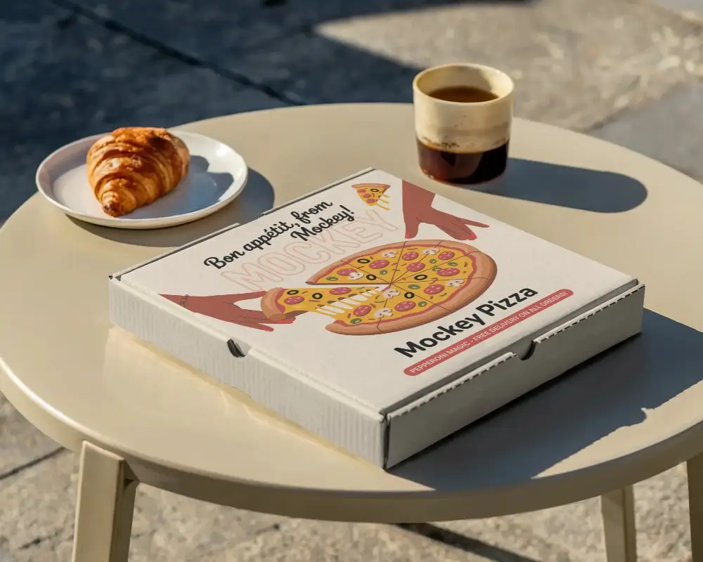 Square Pizza Box Mockup On Round Table With Coffee And Croissant Background