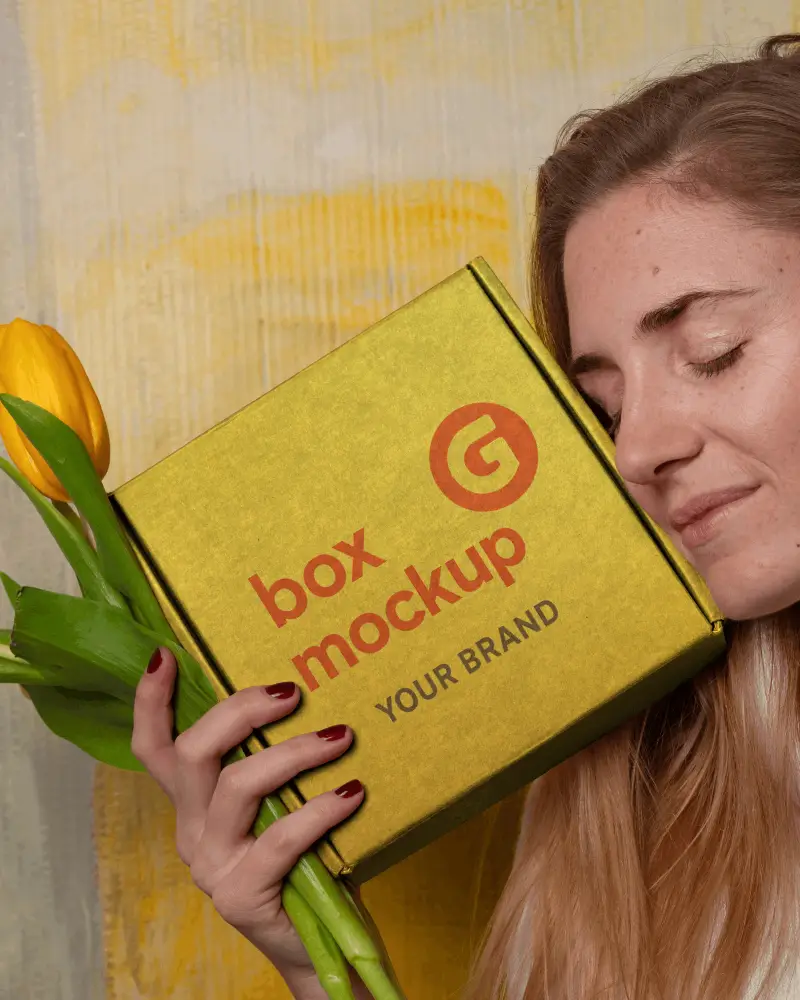 Woman Holding Box Mockup And Flower In One Hand