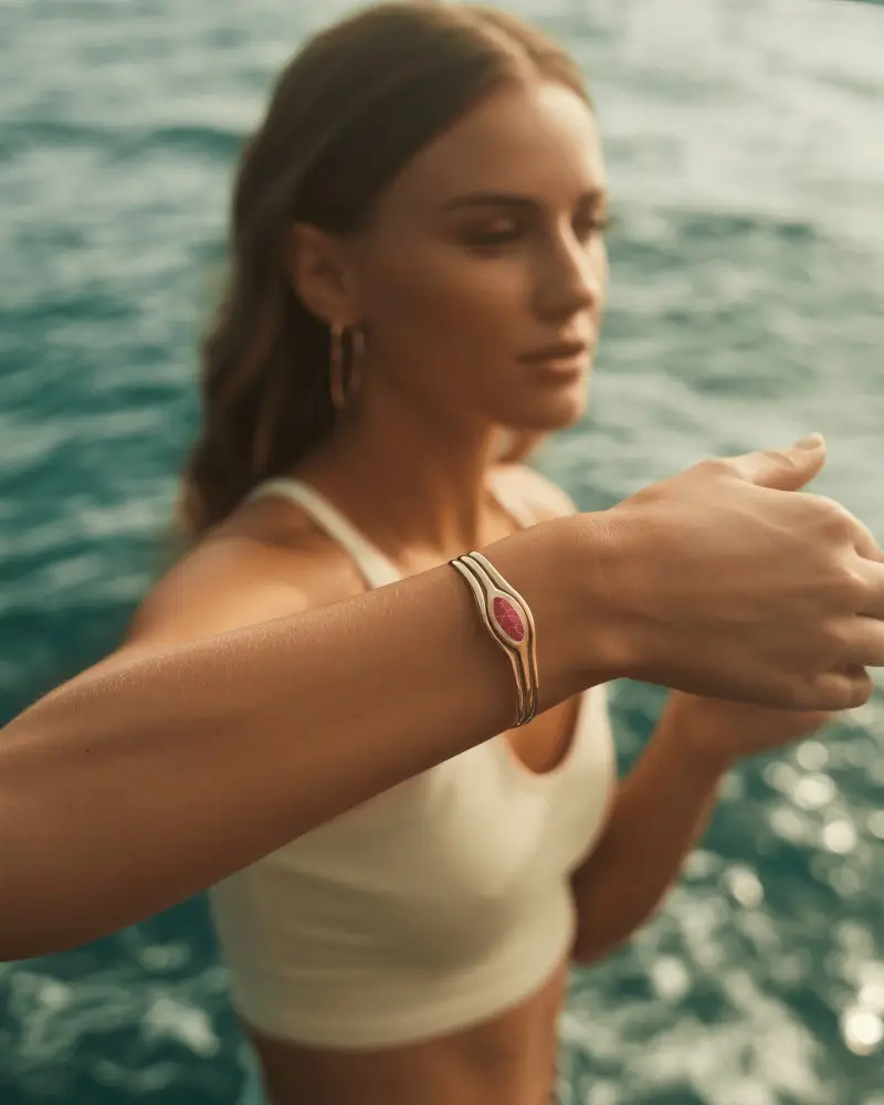 Sunlit Gold Bracelet Mockup On Wrist By Ocean With Relaxed Coastal Summer Vibe