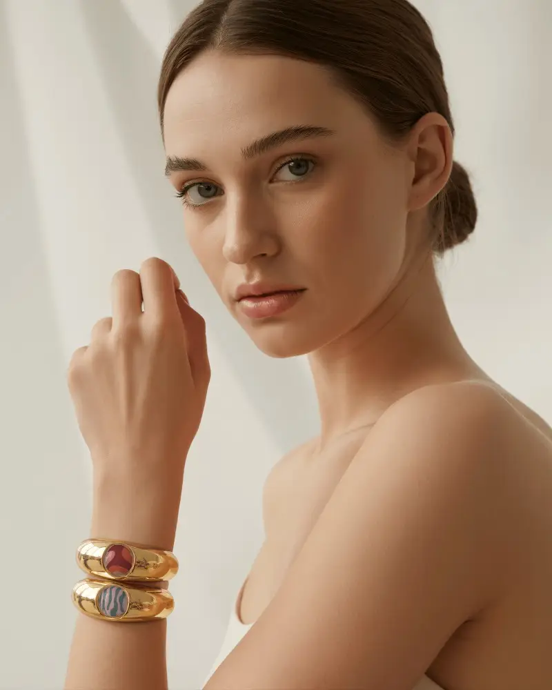 Elegant Gold Statement Bracelet Mockup On Model In Soft Neutral Studio Light