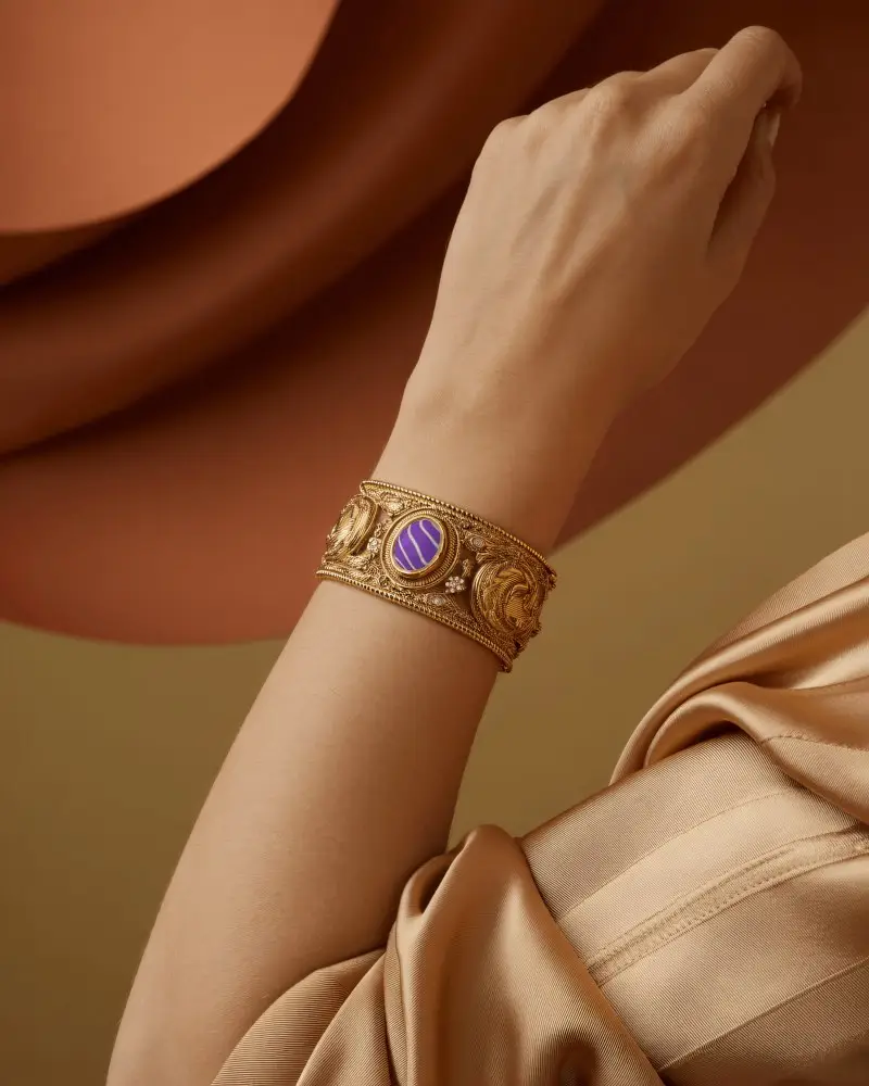 Ornate Gold Bracelet Mockup On Wrist With Classic Engraved Details In Warm Studio Light