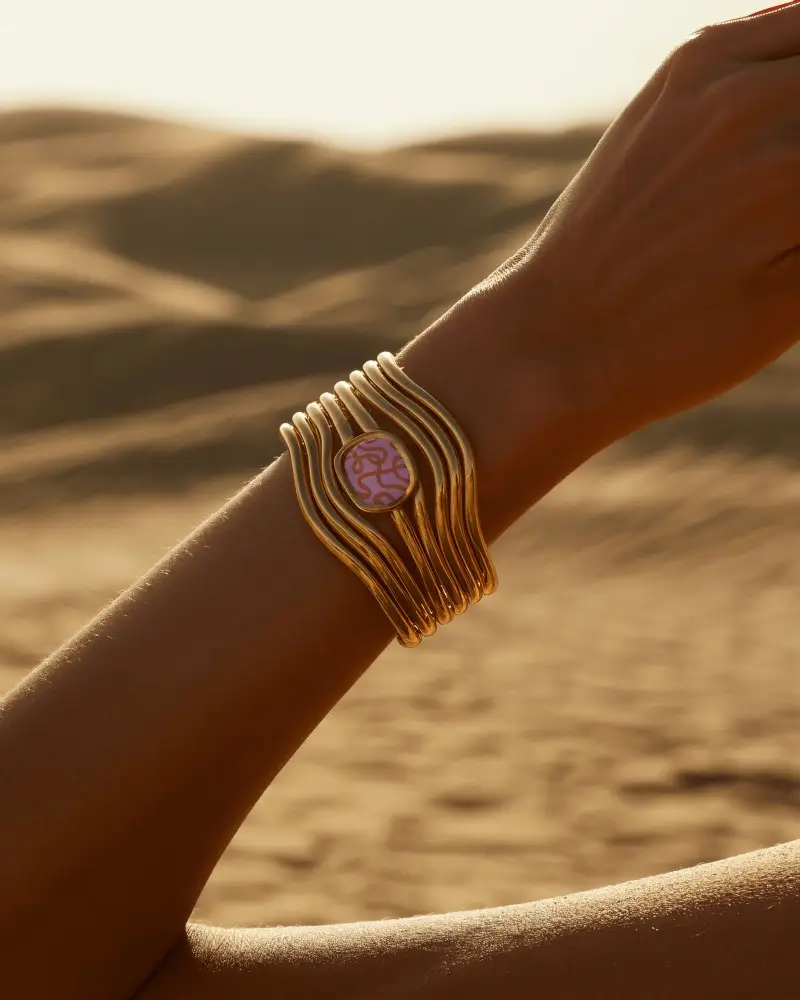 Sunlit Gold Bracelet Mockup On Wrist In Desert Scenery With Warm Golden Light