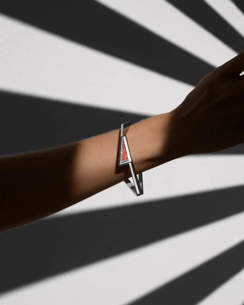 Modern Geometric Silver Bracelet Mockup On Arm With Bold Striped Shadow Pattern