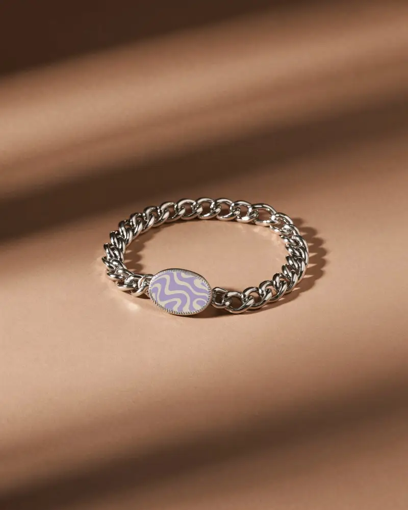 Silver Chain Bracelet Mockup With Oval Plate On Warm Soft Shadow Surface For Premium Branding