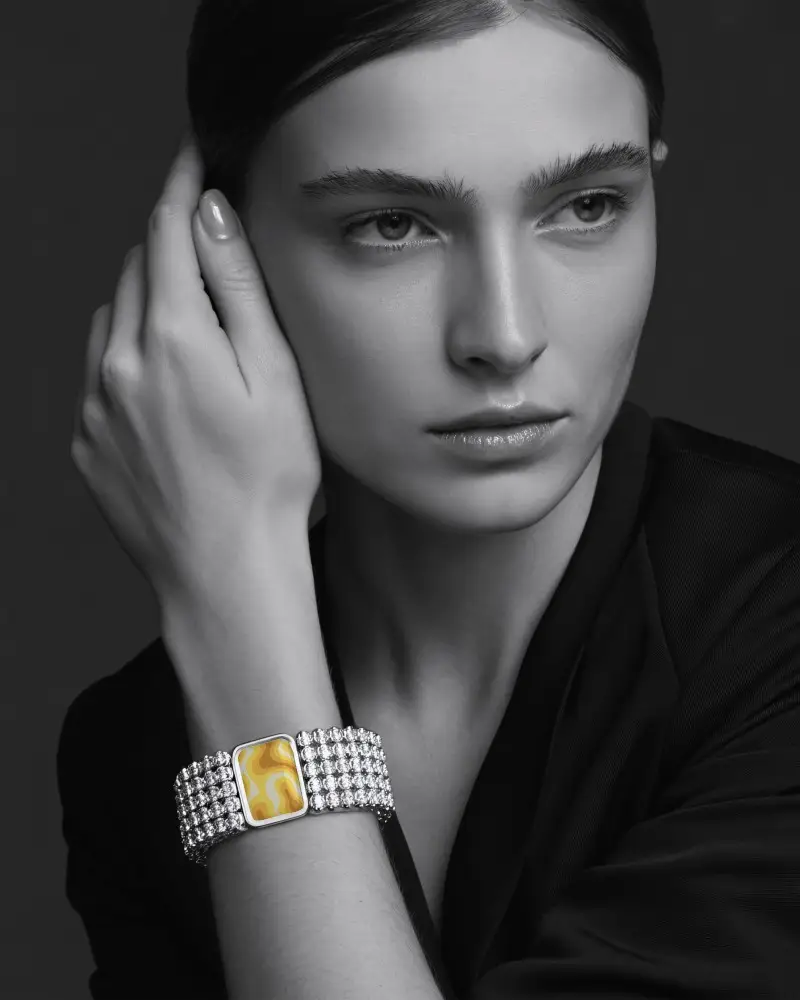 Elegant Diamond Bracelet Mockup On Wrist In Timeless Black And White Portrait