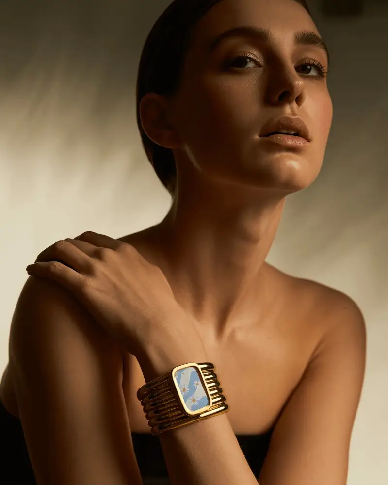 Elegant Fashion Bracelet Mockup On Female Model In Soft Golden Studio Lighting