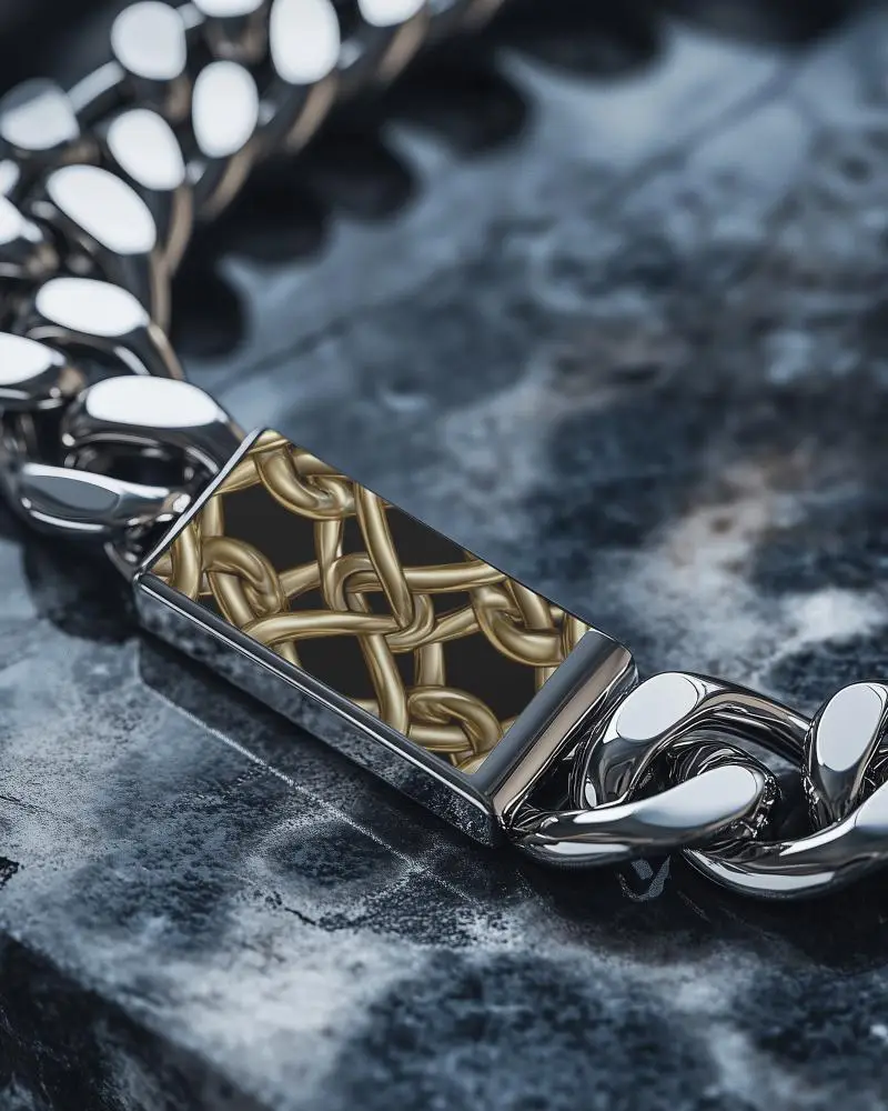 High Gloss Metallic Chain Bracelet Mockup On Blue Marble Surface Close Up Jewelry Display Scene