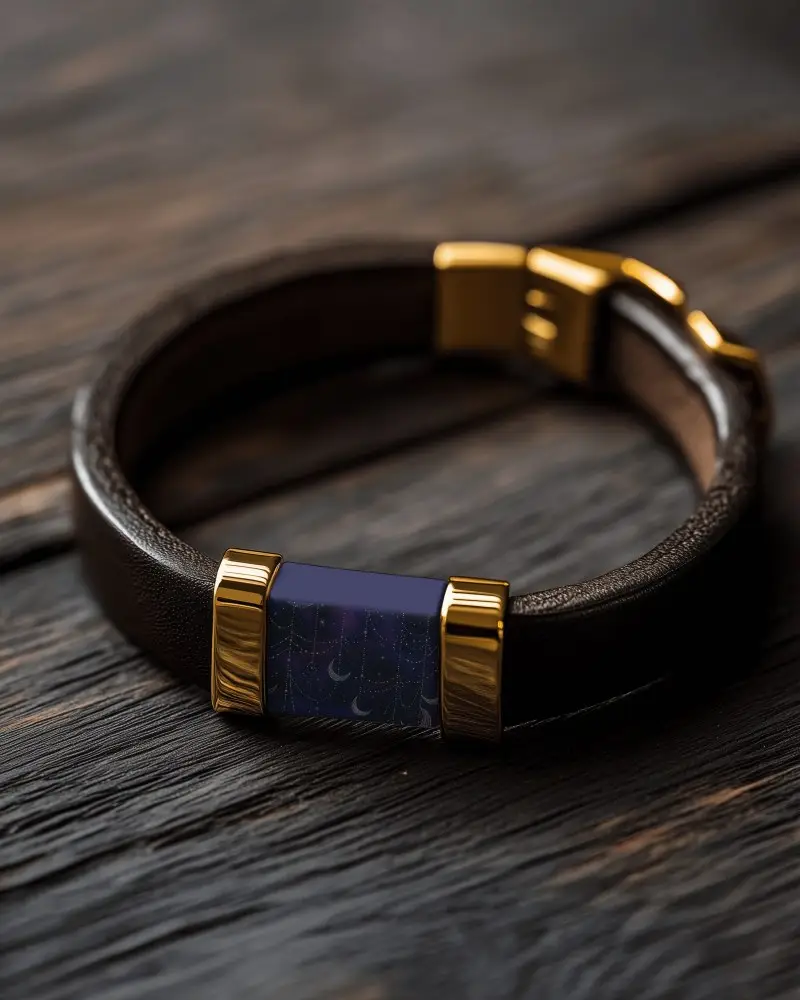 Black And Gold Leather Bracelet Mockup On Dark Wooden Surface Classic Jewelry Product Showcase