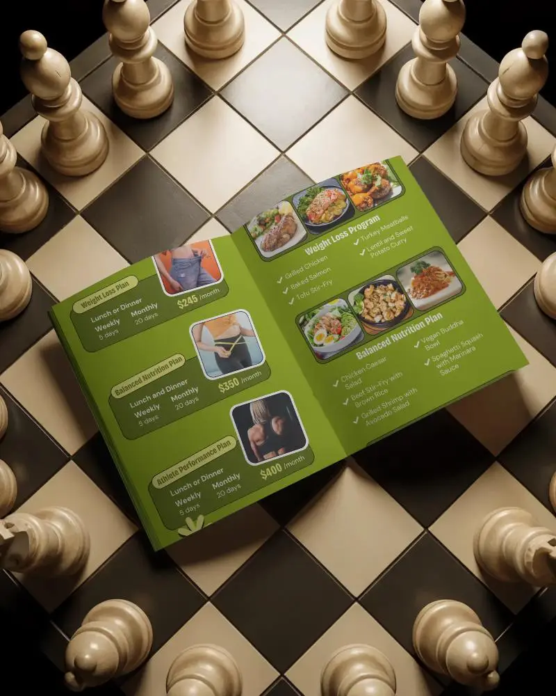 Blank Brochure Mockup On Chessboard With Chess Pieces For Strategy Presentation