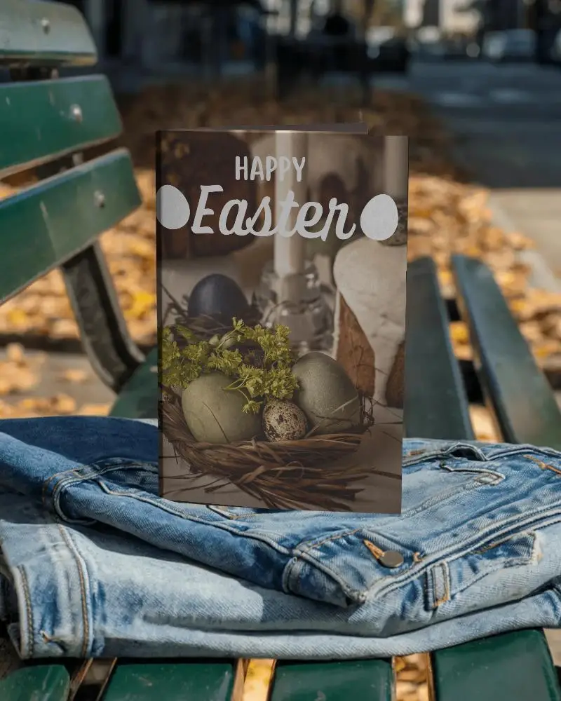 Vertical Brochure Mockup On Green Bench With Folded Denim Jacket In Autumn Park