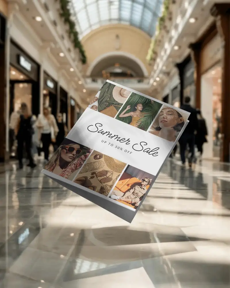 Floating Brochure Mockup In Luxury Mall Interior With Blurred Shoppers
