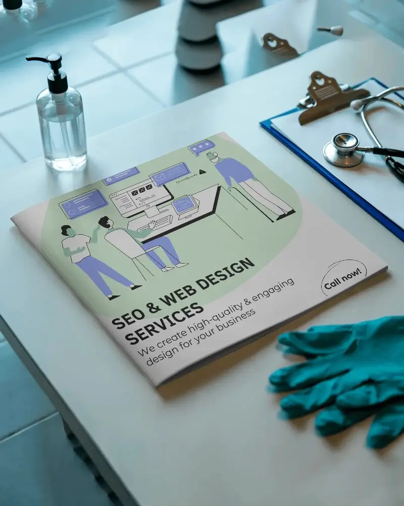 Horizontal Brochure Mockup On Medical Desk With Blue Gloves And Stethoscope