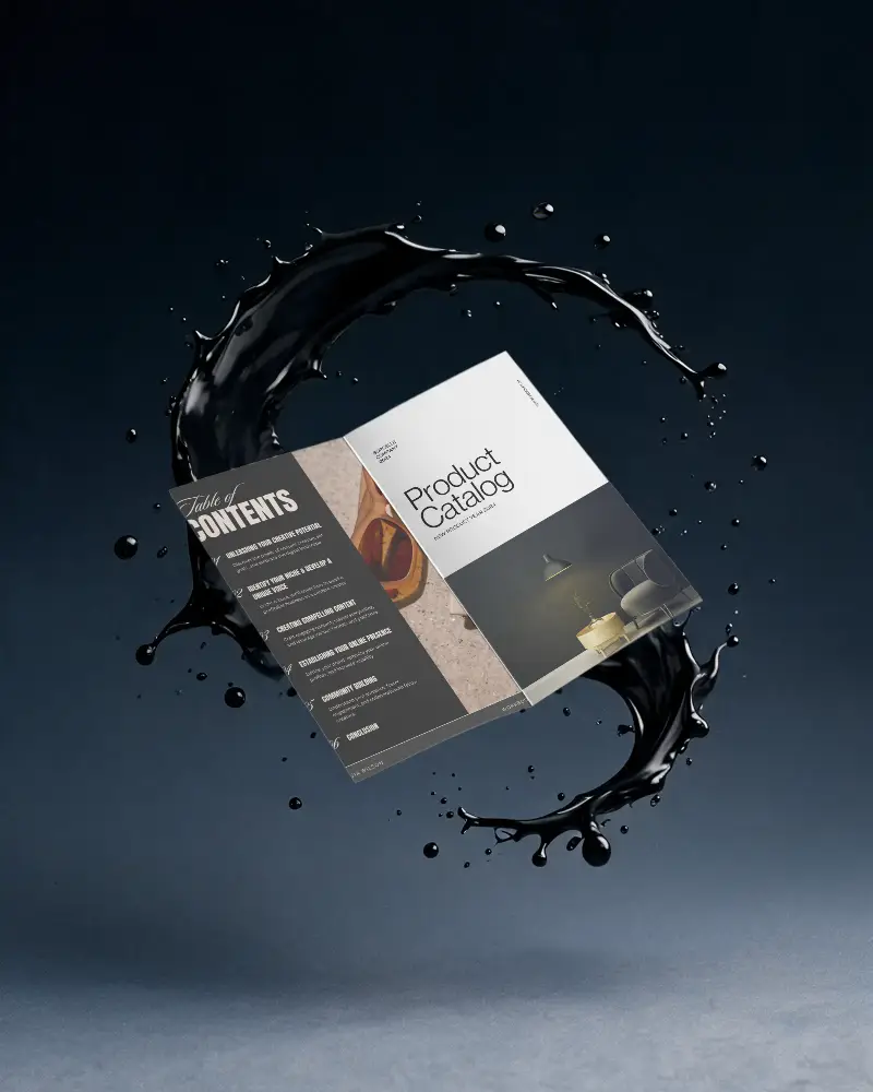 Open Brochure Mockup With Fluid Black Paint Splash Creative Product Presentation