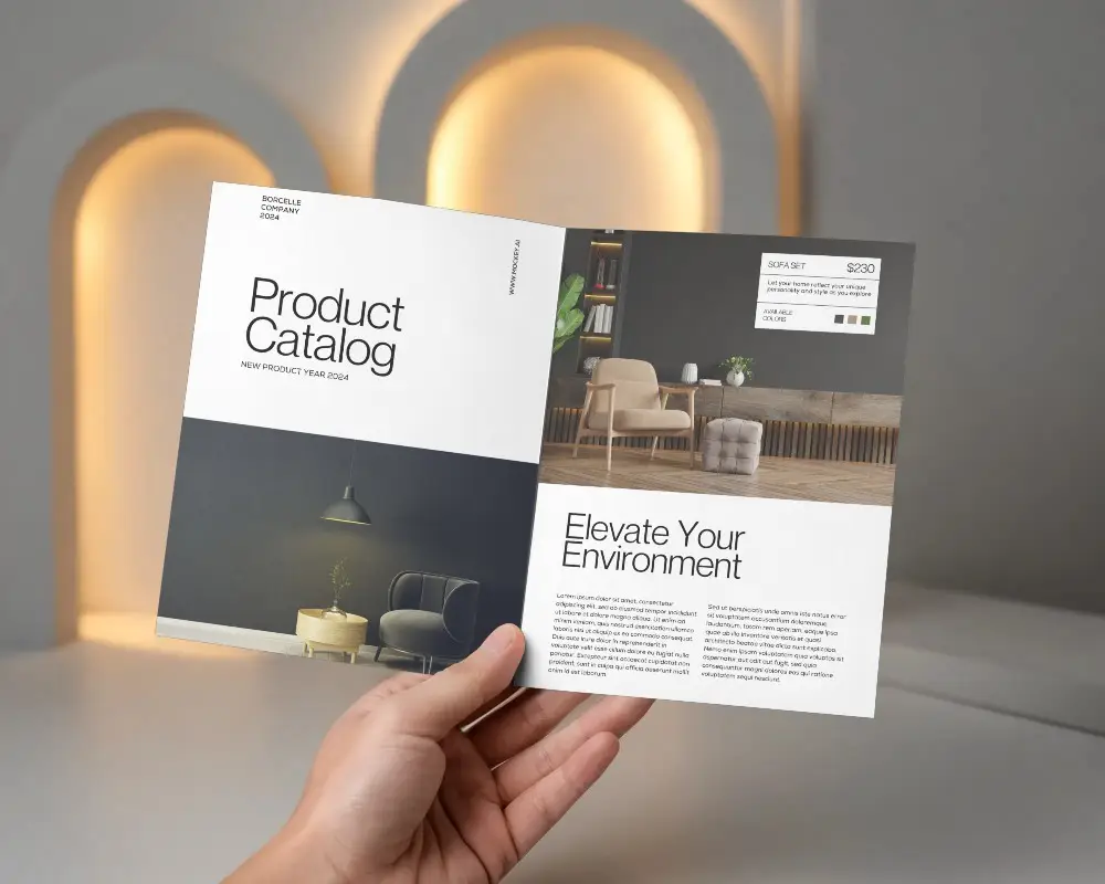 Realistic Opened Brochure Mockup Held By Hand With Empty Pages Showcasing Layout