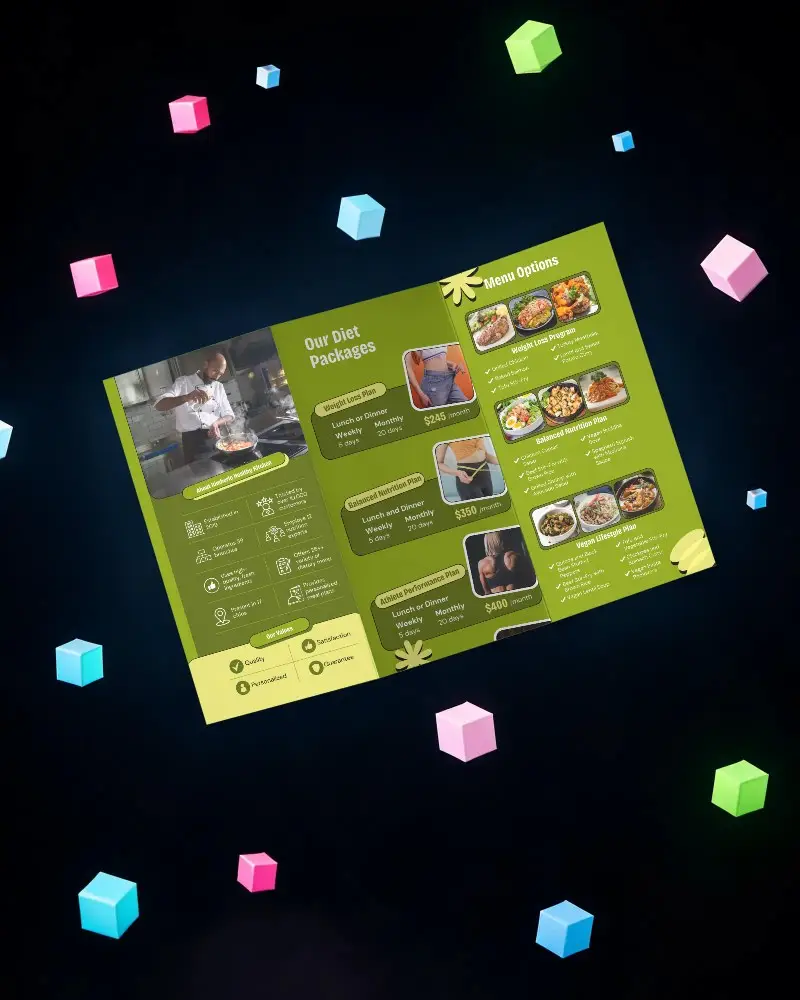 Three Panel Brochure Mockup Floating Against Dark Background With Colorful Cubes Around