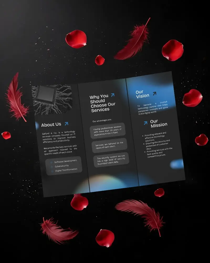 Sleek Trifold Brochure Mockup With Floating Petals And Feathers On Dark Background For Design