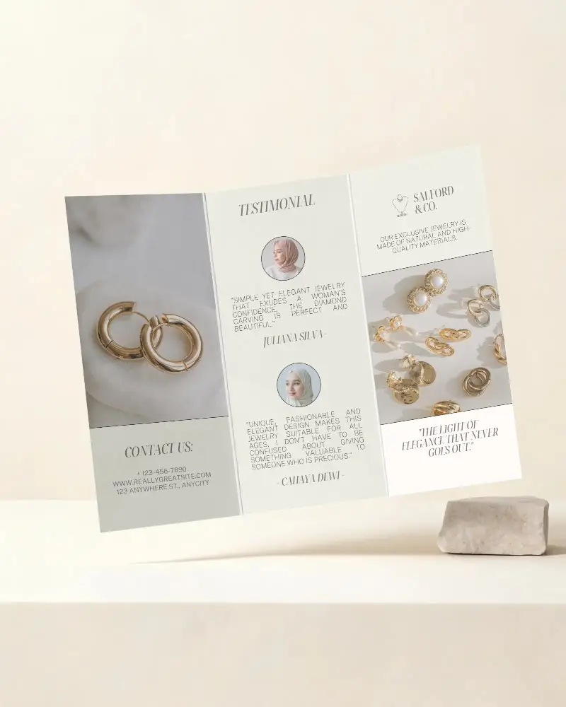 Tri Fold Brochure Mockup Floating Above Minimalist Surface Blank Design Presentation