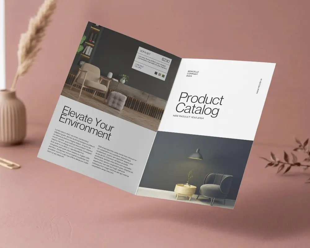 Open Brochure Mockup With Realistic Paper Texture Floating Over Minimalist Background Scene