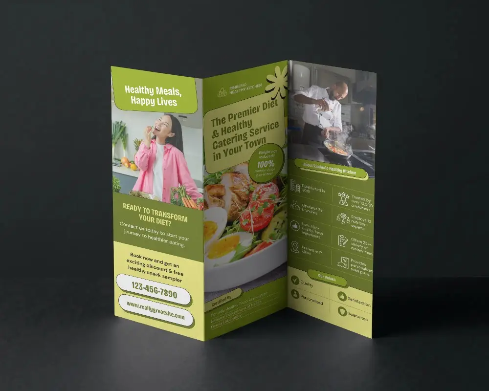 Blank Trifold Brochure Mockup Standing On Matte Surface With Soft Light Shadow