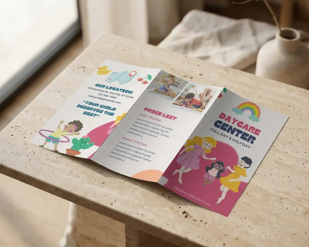 Clean Trifold Brochure Mockup Blank Design Template On Natural Stone Surface