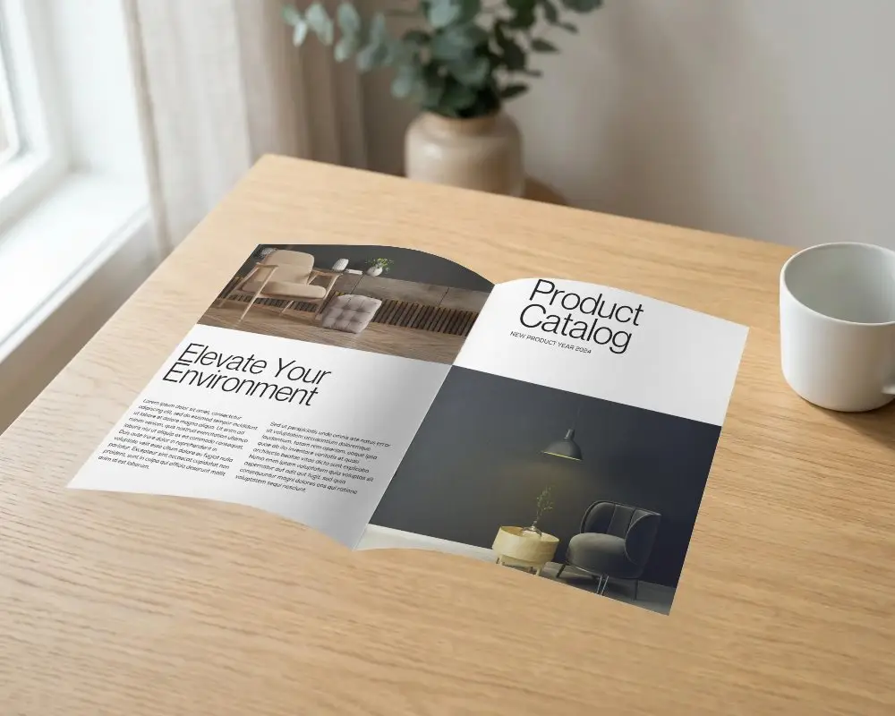 Clean Minimalist Brochure Mockup Open Flat On Wooden Table With Natural Light