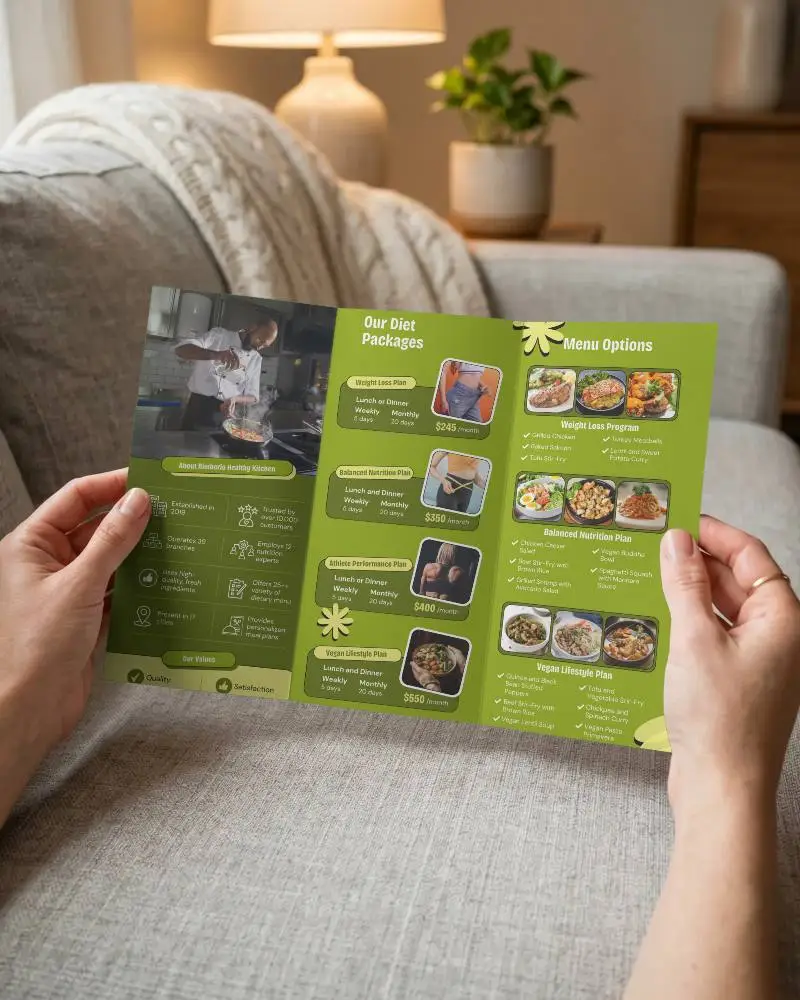 Person Holding Open Trifold Brochure Mockup On Sofa For Advertisement Design